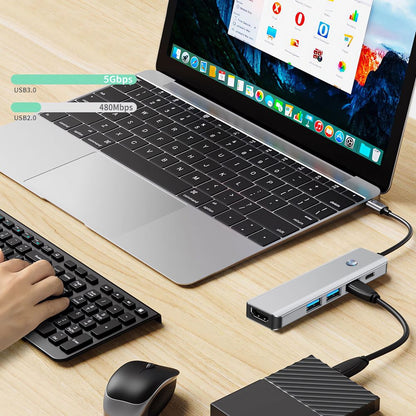 Hub USB-C Tech-Protect HB01, 1 x USB-A 3.0 - 2 x USB-A - 1 x USB-C - 1 x HDMI, Sivi