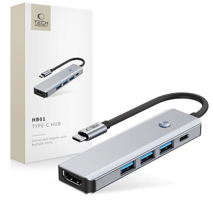 Hub USB-C Tech-Protect HB01, 1 x USB-A 3.0 - 2 x USB-A - 1 x USB-C - 1 x HDMI, Sivi