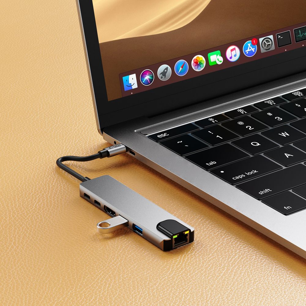 Hub USB-C Tech-Protect HB02, 1 x USB-A 3.0 - 1 x USB-A - 2 x USB-C - 1 x HDMI - 1 x RJ45, Sivi