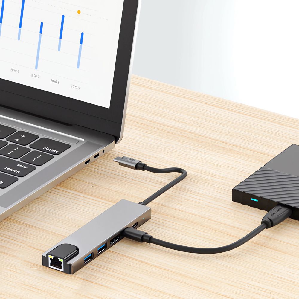Hub USB-C Tech-Protect HB02, 1 x USB-A 3.0 - 1 x USB-A - 2 x USB-C - 1 x HDMI - 1 x RJ45, Sivi