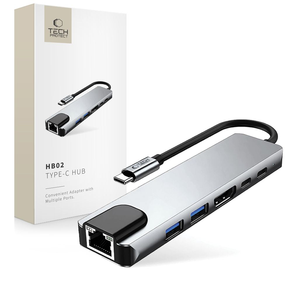 Hub USB-C Tech-Protect HB02, 1 x USB-A 3.0 - 1 x USB-A - 2 x USB-C - 1 x HDMI - 1 x RJ45, Sivi
