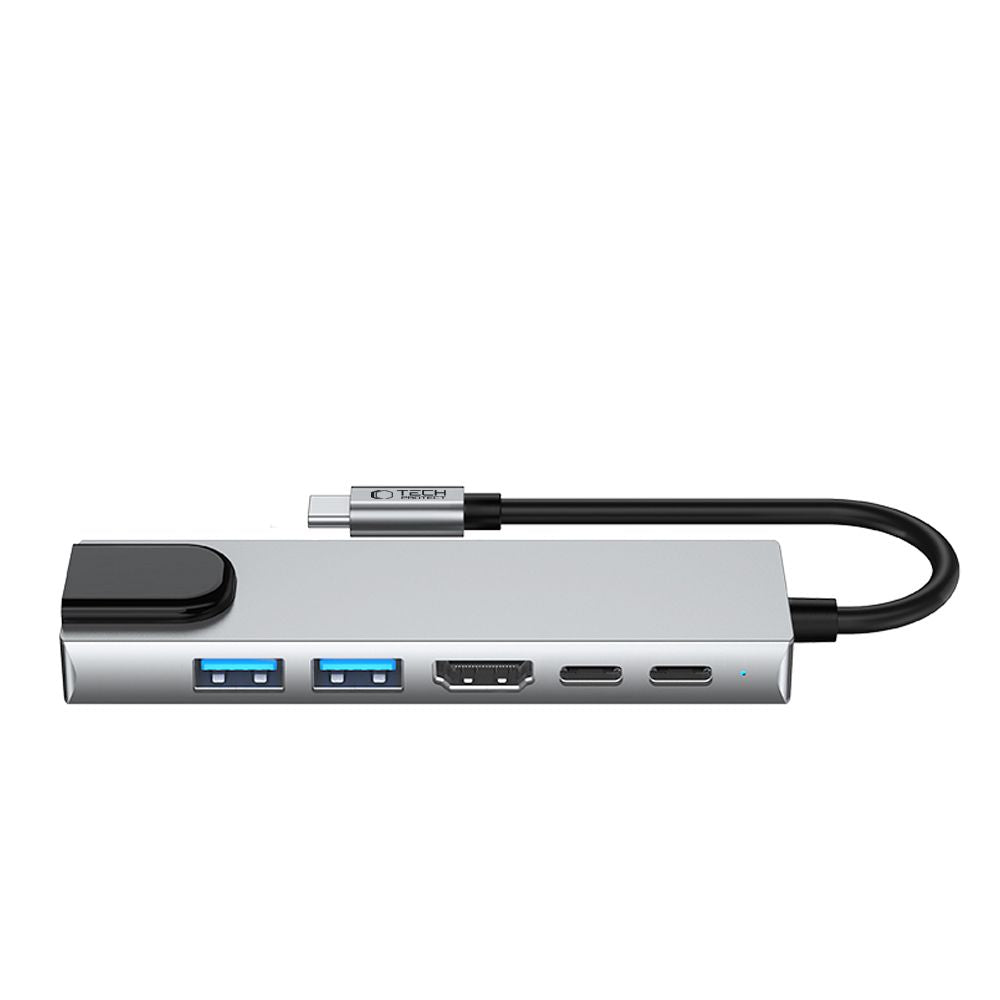Hub USB-C Tech-Protect HB02, 1 x USB-A 3.0 - 1 x USB-A - 2 x USB-C - 1 x HDMI - 1 x RJ45, Sivi