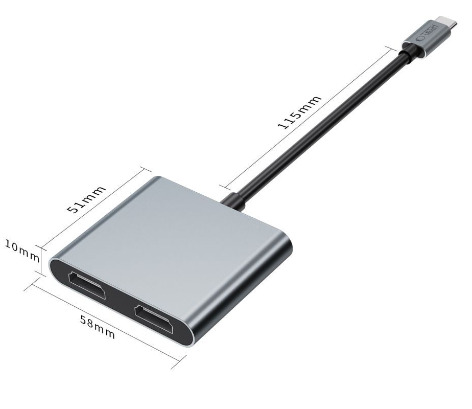 Hub USB-C Tech-Protect HB08, 1 x USB-A - 1 x USB-C - 2 x HDMI, Sivi