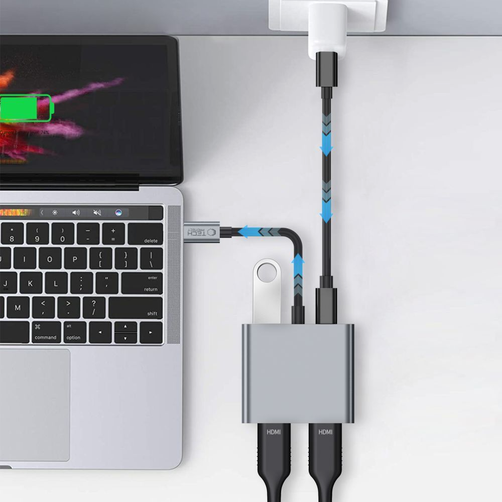Hub USB-C Tech-Protect HB08, 1 x USB-A - 1 x USB-C - 2 x HDMI, Sivi