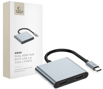 Hub USB-C Tech-Protect HB08, 1 x USB-A - 1 x USB-C - 2 x HDMI, Sivi