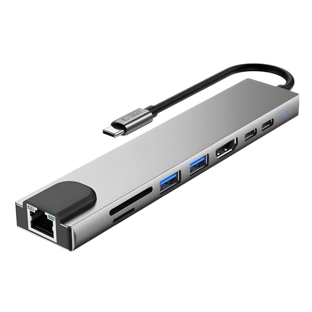 Hub USB-C Tech-Protect HB09, 2 x USB-A 3.0 - 2 x USB-C - 1 x HDMI - 1 x RJ45 - 1 x SD - 1 x microSD, Siva