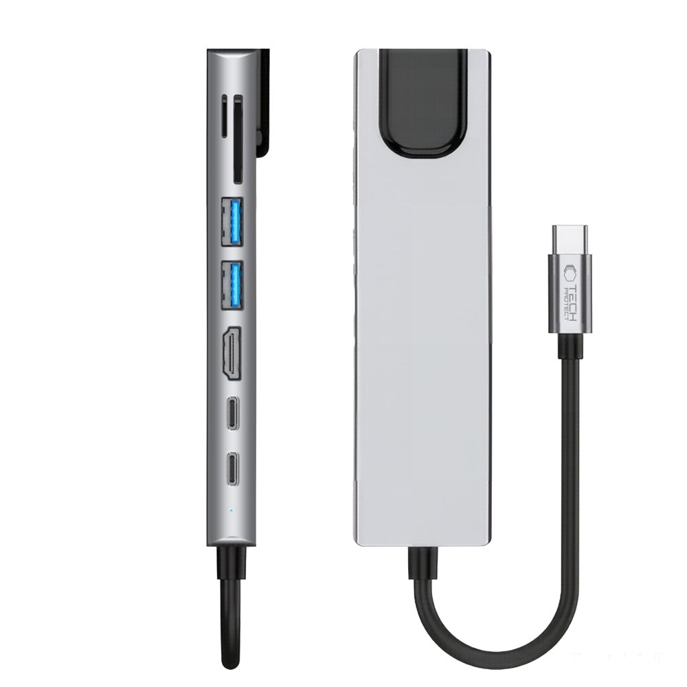 Hub USB-C Tech-Protect HB09, 2 x USB-A 3.0 - 2 x USB-C - 1 x HDMI - 1 x RJ45 - 1 x SD - 1 x microSD, Siva