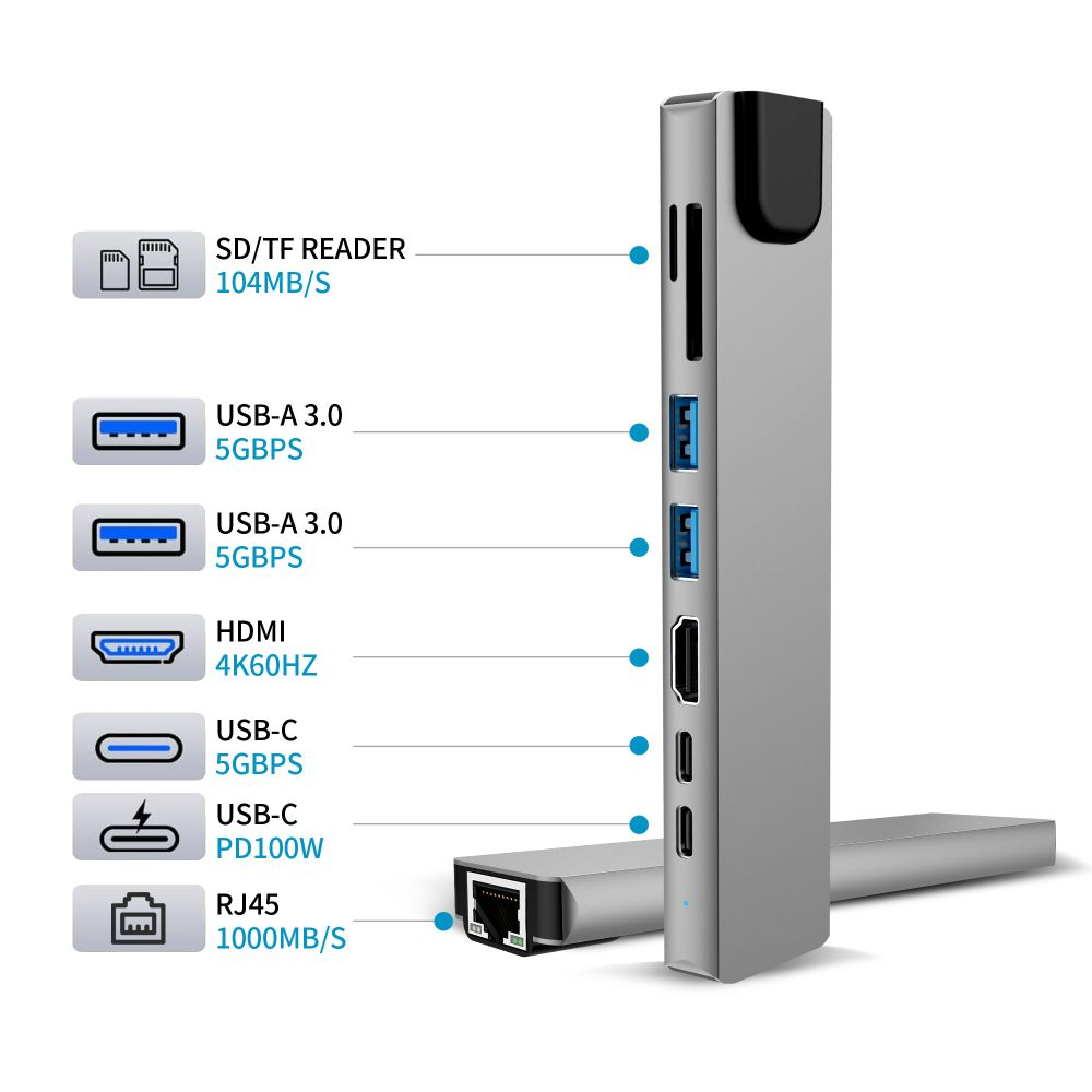 Hub USB-C Tech-Protect HB09, 2 x USB-A 3.0 - 2 x USB-C - 1 x HDMI - 1 x RJ45 - 1 x SD - 1 x microSD, Siva