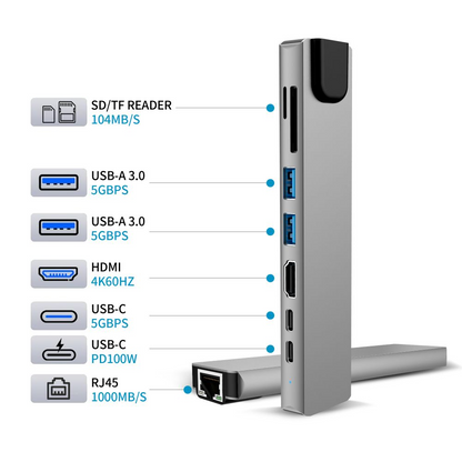 Hub USB-C Tech-Protect HB09, 2 x USB-A 3.0 - 2 x USB-C - 1 x HDMI - 1 x RJ45 - 1 x SD - 1 x microSD, Siva