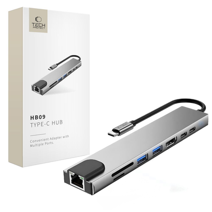 Hub USB-C Tech-Protect HB09, 2 x USB-A 3.0 - 2 x USB-C - 1 x HDMI - 1 x RJ45 - 1 x SD - 1 x microSD, Siva