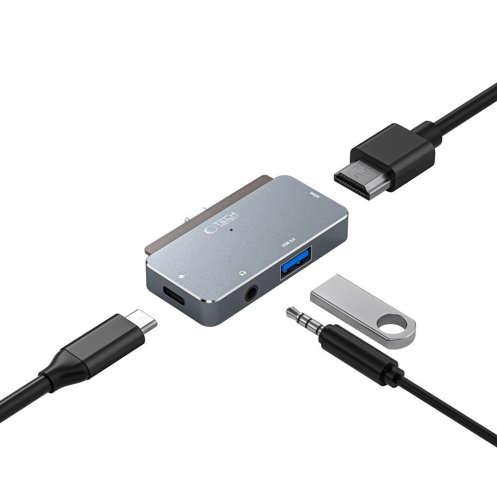 Hub USB-C Tech-Protect V6, 1 x USB-A - 1 x USB-C - 1 x HDMI - 1 x Jack 3.5mm, Grey 