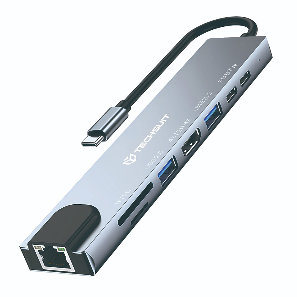 Hub USB-C Techsuit H2 NetBridge, 8in1, Sivi