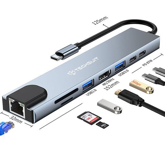 Hub USB-C Techsuit H2 NetBridge, 8in1, Sivi