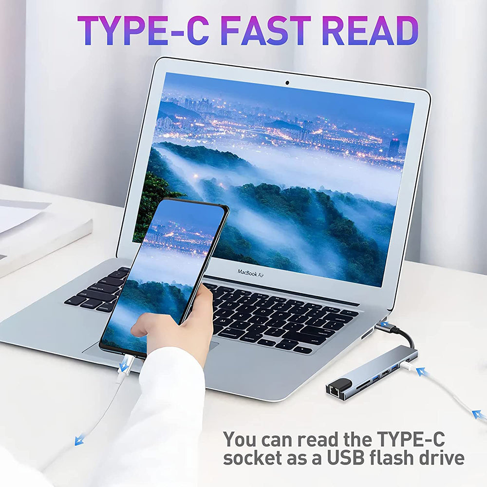 Hub USB-C Techsuit H2 NetBridge, 8in1, Sivi