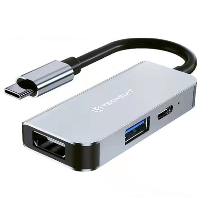 Hub USB-C Techsuit H4 TurboChargeX, 3u1, Sivi