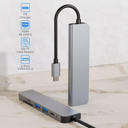 Hub USB-C Techsuit H5 TurboChargeX, 6in1, Sivi