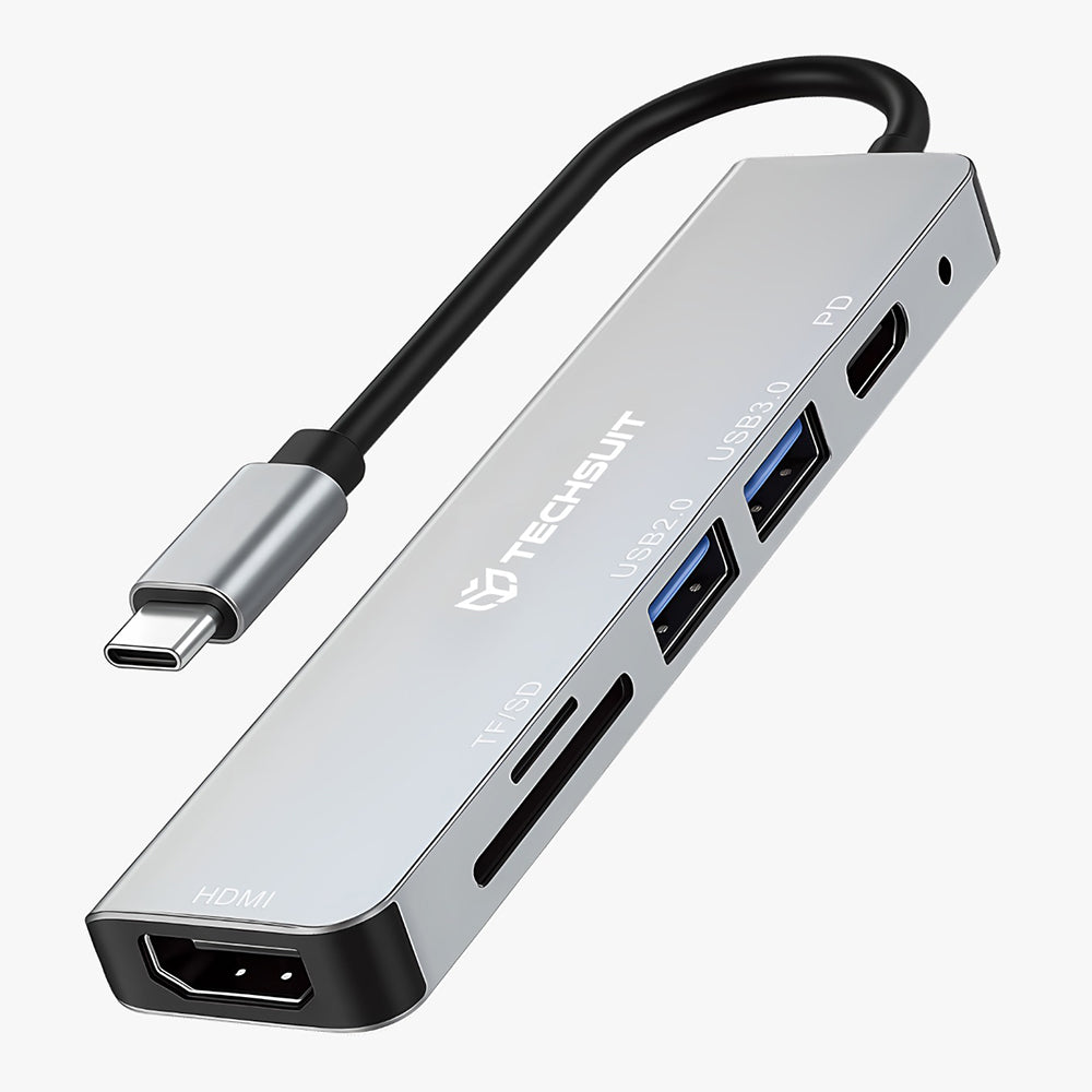 Hub USB-C Techsuit H5 TurboChargeX, 6in1, Sivi