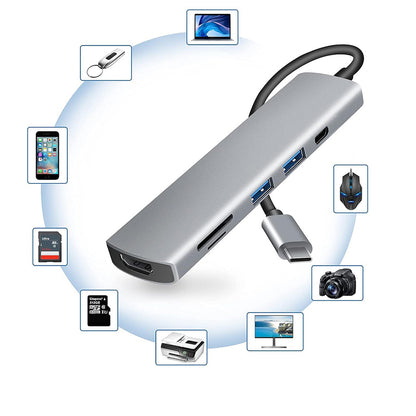 Hub USB-C Techsuit H5 TurboChargeX, 6in1, Sivi