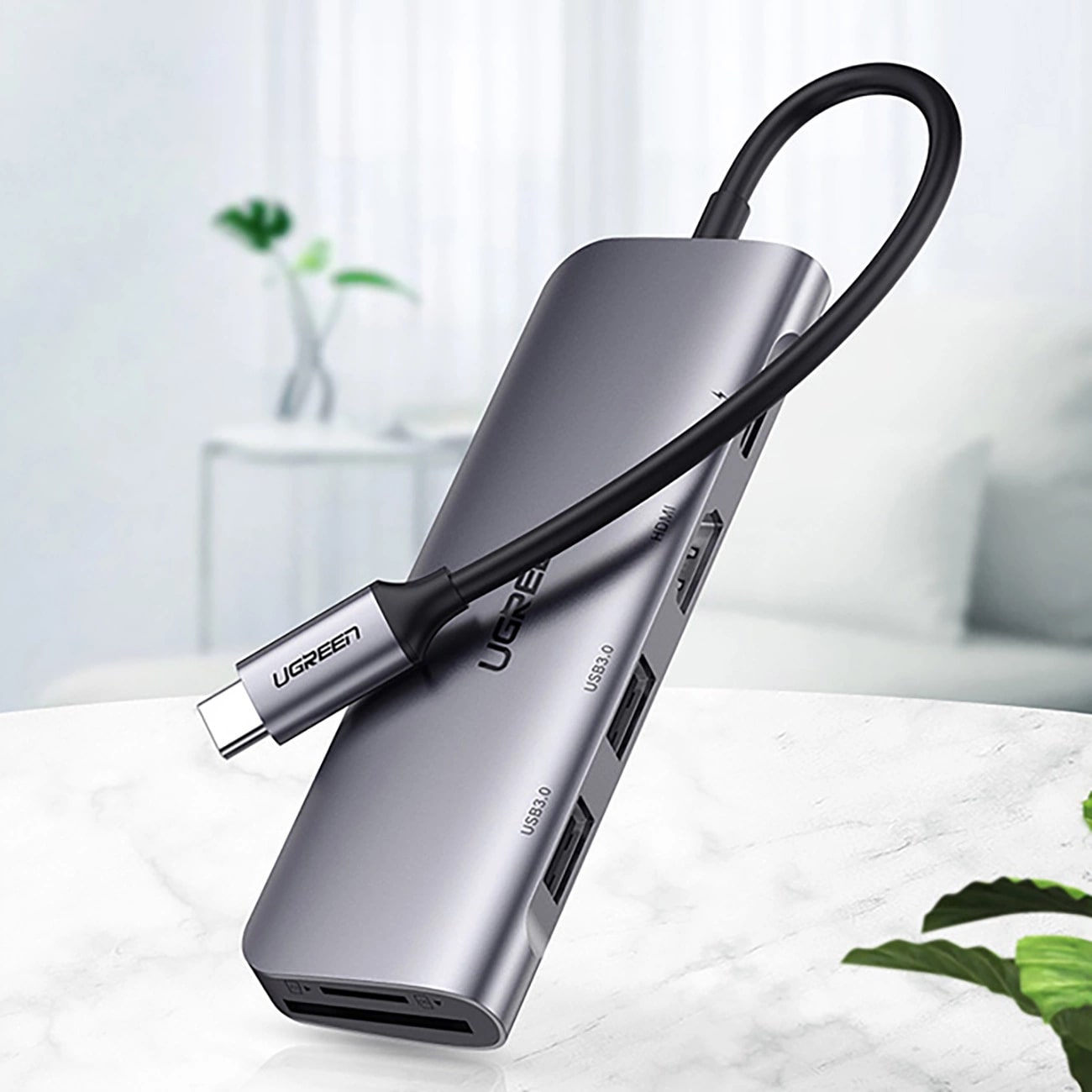 Hub USB-C UGREEN CM195 (15214), 2 x USB-A 3.0 - 1 x USB-C - 1 x HDMI - 1 x SD - 1 x microSD, Sivi