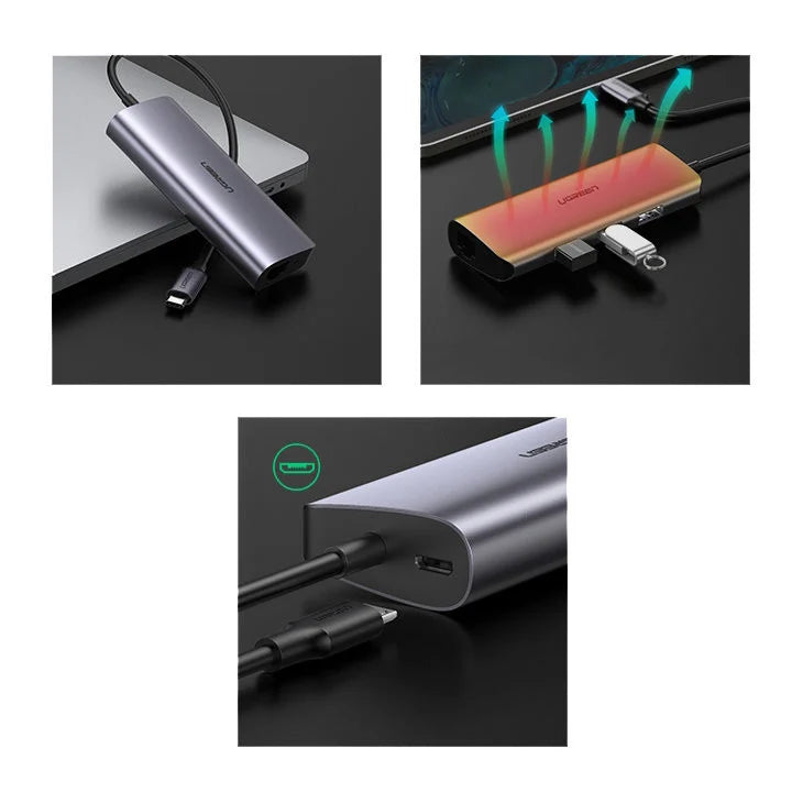 Hub USB-C UGREEN CM252, 3 x USB-A 3.0 - 1 x USB-C - RJ45, Sivi