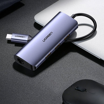 Hub USB-C UGREEN CM252, 3 x USB-A 3.0 - 1 x USB-C - RJ45, Sivi