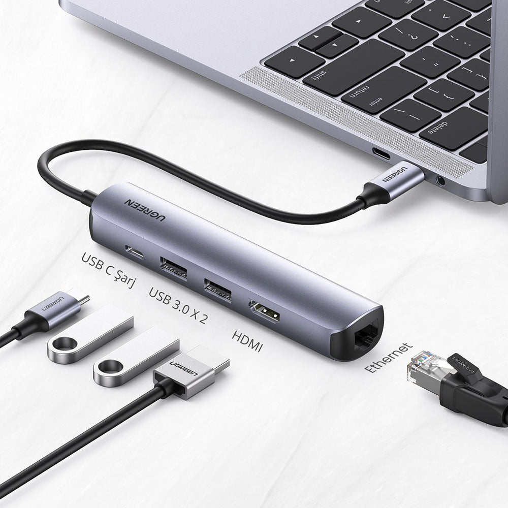 Hub USB-C UGREEN CM418 (10919), 2 x USB-A 3.0 - 1 x USB-C - 1 x HDMI - 1 x RJ45, Sivi