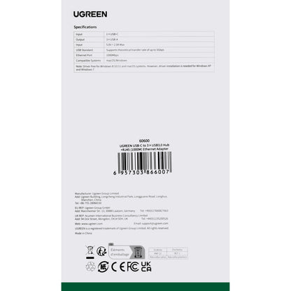USB-C Hub UGREEN CM475, 3 x USB-A 3.0 - 1 x RJ45, Sivi