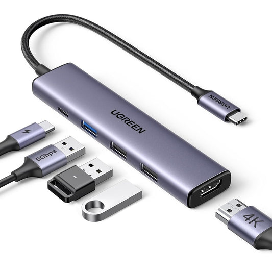 Hub USB-C UGREEN CM478, 1 x USB-A 3.0 - 2 x USB-A - 1 x USB-C - 1 x HDMI, Sivi