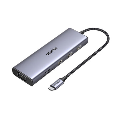 Hub USB-C UGREEN CM498 (15600), 3 x USB-A 3.0 - 1 x USB-C - 1 x HDMI - 1 x VGA - 1 x RJ45 - 1 x SD - 1 x microSD, Sivi