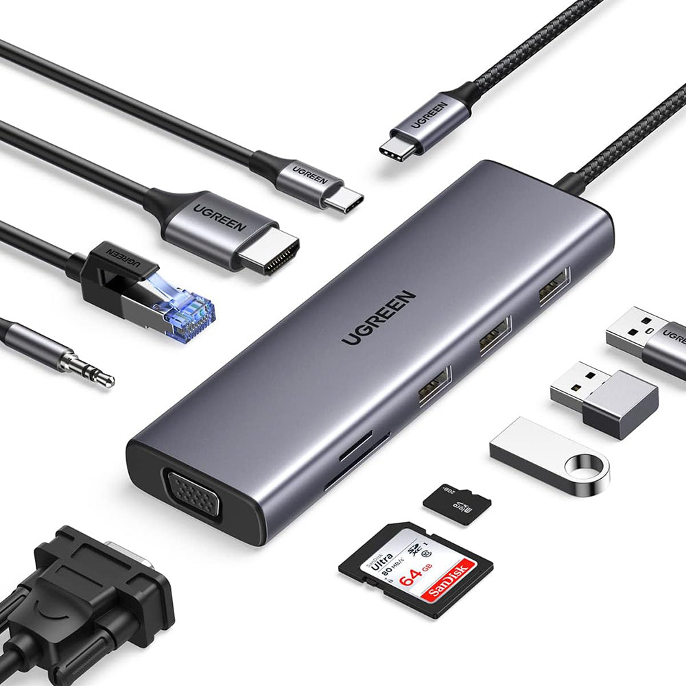 Hub USB-C UGREEN CM498 (15601), 3 x USB-A 3.0 - 1 x USB-C - 1 x HDMI - 1 x VGA - 1 x Jack 3.5mm - 1 x RJ45 - 1 x SD - 1 x microSD, Sivi