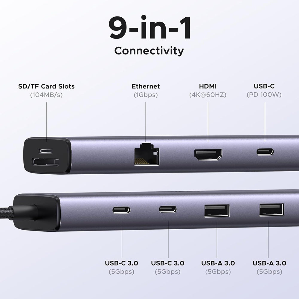 Hub USB-C UGREEN CM498 (15375), 2 x USB-A - 3 x USB-C - 1 x HDMI - 1 x RJ45 - 1 x SD - 1 x microSD, Siva