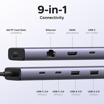 Hub USB-C UGREEN CM498 (15375), 2 x USB-A - 3 x USB-C - 1 x HDMI - 1 x RJ45 - 1 x SD - 1 x microSD, Siva