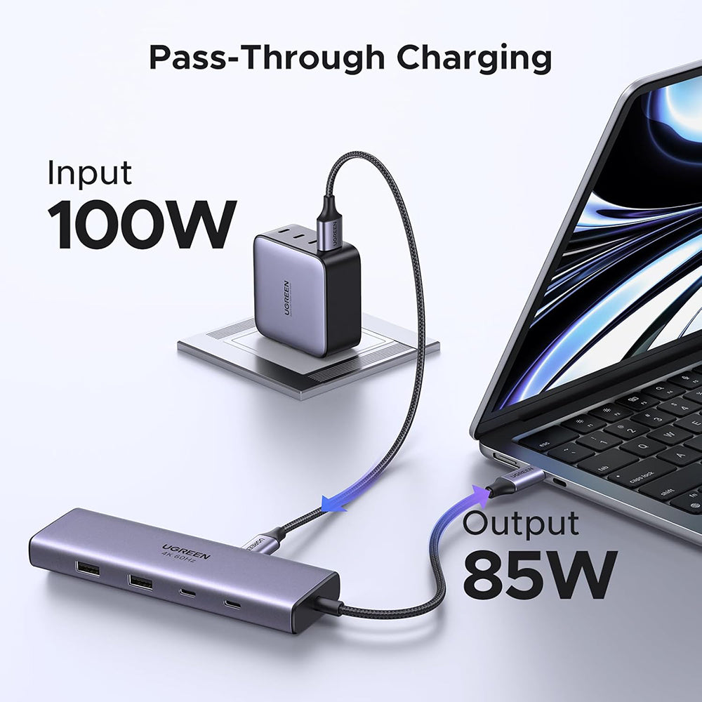 Hub USB-C UGREEN CM498 (15375), 2 x USB-A - 3 x USB-C - 1 x HDMI - 1 x RJ45 - 1 x SD - 1 x microSD, Siva