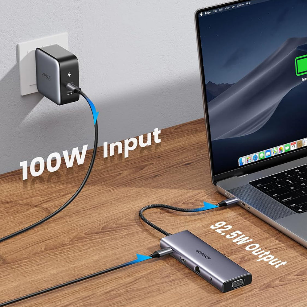 Hub USB-C UGREEN CM498 (15601), 3 x USB-A 3.0 - 1 x USB-C - 1 x HDMI - 1 x VGA - 1 x Jack 3.5mm - 1 x RJ45 - 1 x SD - 1 x microSD, Sivi