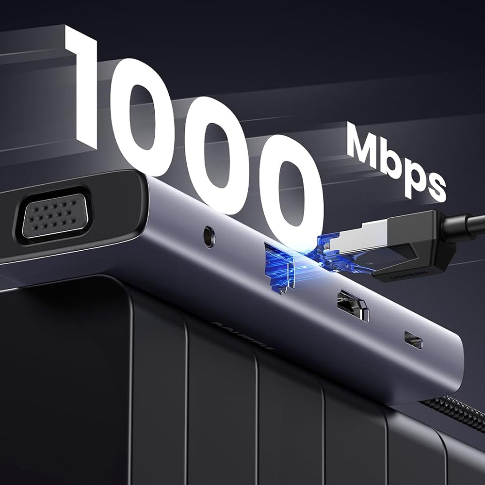 Hub USB-C UGREEN CM498 (15601), 3 x USB-A 3.0 - 1 x USB-C - 1 x HDMI - 1 x VGA - 1 x Jack 3.5mm - 1 x RJ45 - 1 x SD - 1 x microSD, Sivi