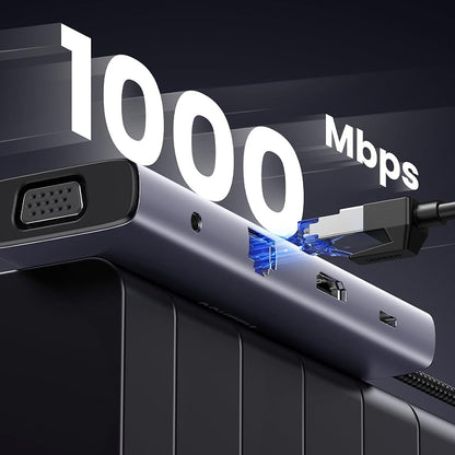 Hub USB-C UGREEN CM498 (15601), 3 x USB-A 3.0 - 1 x USB-C - 1 x HDMI - 1 x VGA - 1 x Jack 3.5mm - 1 x RJ45 - 1 x SD - 1 x microSD, Sivi