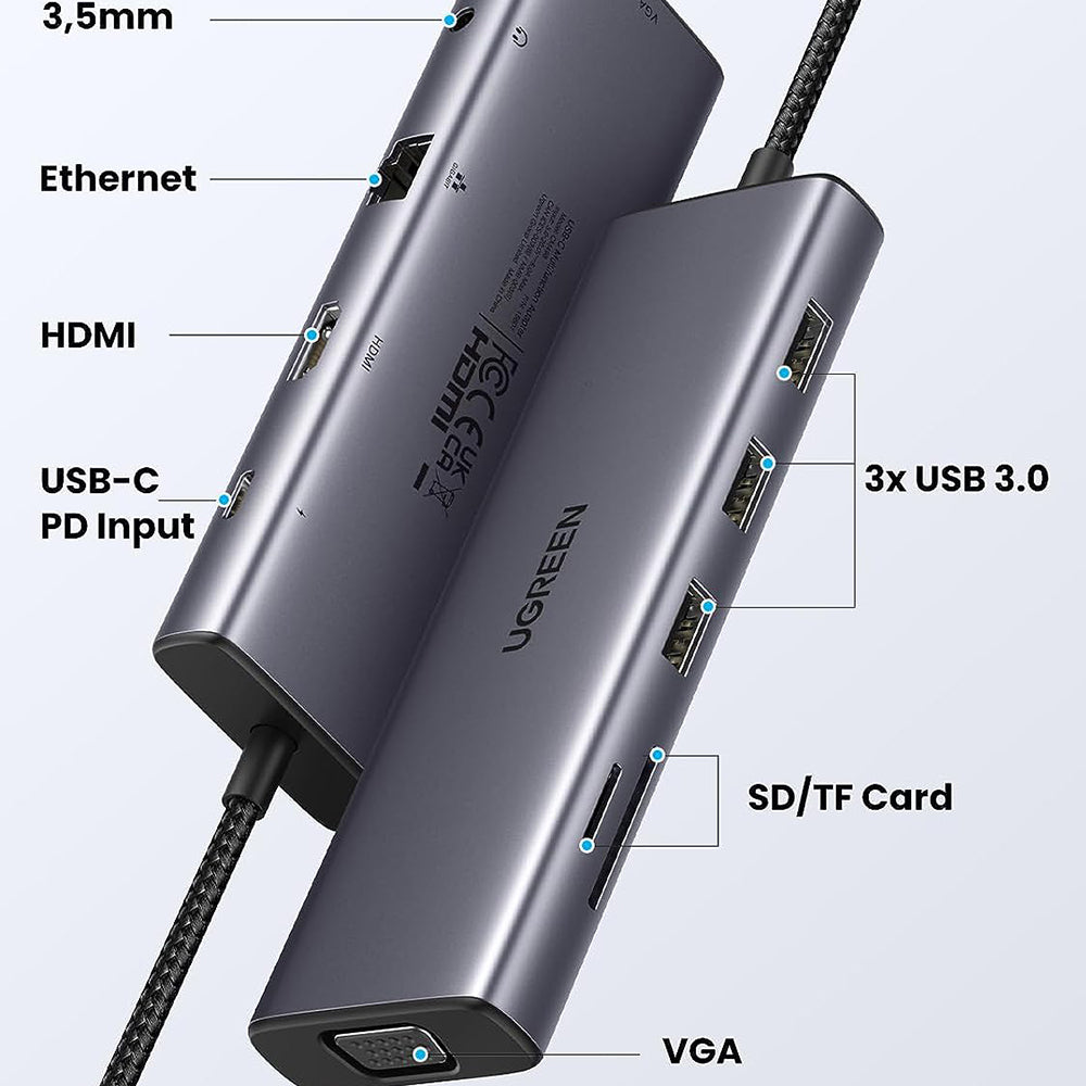 Hub USB-C UGREEN CM498 (15601), 3 x USB-A 3.0 - 1 x USB-C - 1 x HDMI - 1 x VGA - 1 x Jack 3.5mm - 1 x RJ45 - 1 x SD - 1 x microSD, Sivi