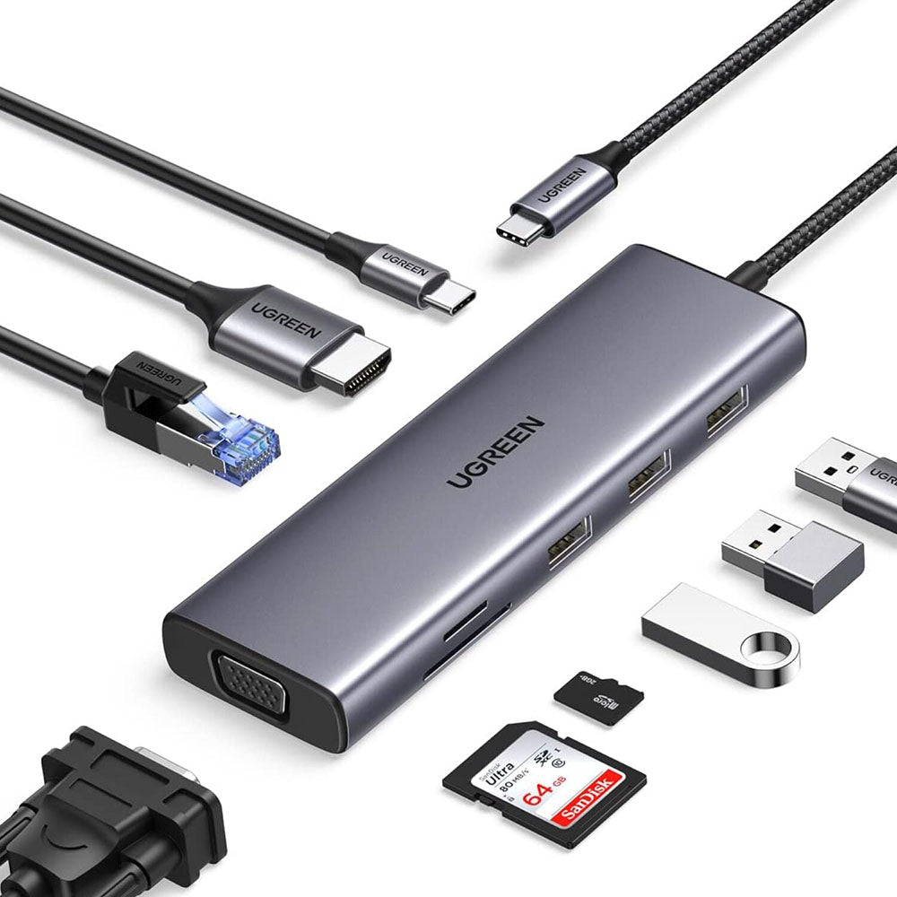 Hub USB-C UGREEN CM498 (15600), 3 x USB-A 3.0 - 1 x USB-C - 1 x HDMI - 1 x VGA - 1 x RJ45 - 1 x SD - 1 x microSD, Sivi