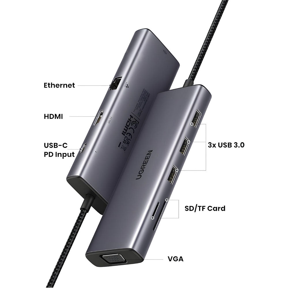 Hub USB-C UGREEN CM498 (15600), 3 x USB-A 3.0 - 1 x USB-C - 1 x HDMI - 1 x VGA - 1 x RJ45 - 1 x SD - 1 x microSD, Sivi