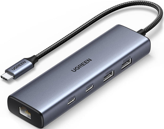 Hub USB-C UGREEN CM512, 1 x USB-A 3.2 - 1 x USB-A - 3 x USB-C - 1 x RJ45, Sivi