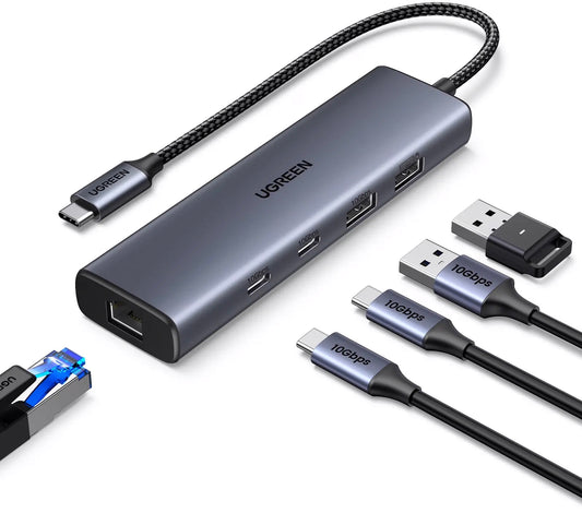Hub USB-C UGREEN CM512, 1 x USB-A 3.2 - 1 x USB-A - 3 x USB-C - 1 x RJ45, Sivi