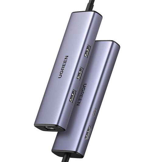 Hub USB-C UGREEN CM512 (15598), 3 x USB-A 3.0 - 1 x USB-C - 1 x HDMI - 1 x RJ45, Sivi