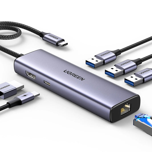 Hub USB-C UGREEN CM512 (15598), 3 x USB-A 3.0 - 1 x USB-C - 1 x HDMI - 1 x RJ45, Sivi