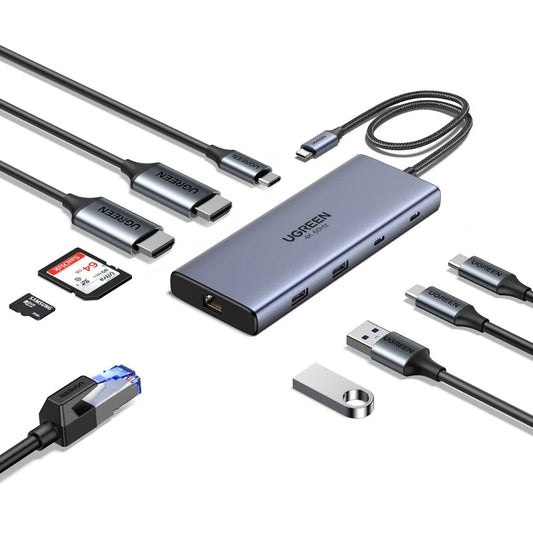 Hub USB-C UGREEN CM639 (45380), 2 x USB-A 3.2 - 3 x USB-C - 2 x HDMI - 1 x RJ45 - 1 x SD - 1 x microSD, Sivi