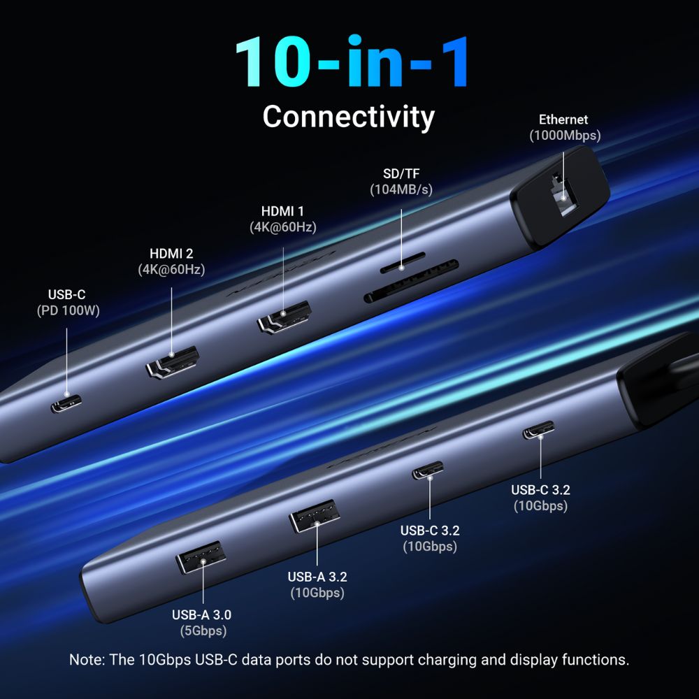 Hub USB-C UGREEN CM639 (45380), 2 x USB-A 3.2 - 3 x USB-C - 2 x HDMI - 1 x RJ45 - 1 x SD - 1 x microSD, Sivi