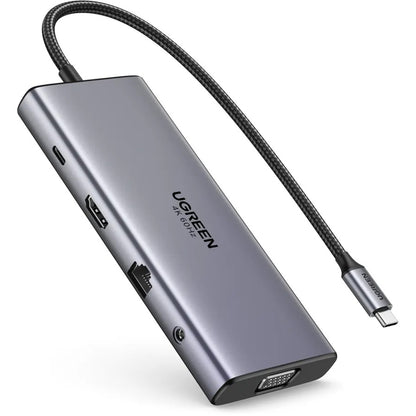 Hub USB-C UGREEN CM639 (45520), 2 x USB-A 3.2 - 3 x USB-C - 1 x HDMI - 1 x VGA - 1 x Džek 3.5mm - 1 x RJ45 - 1 x SD - 1 x microSD, Sivi