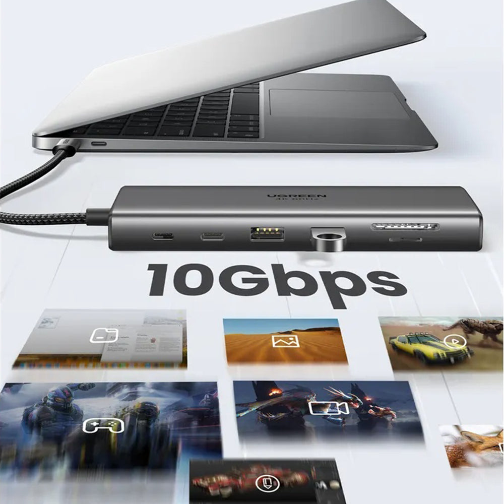 Hub USB-C UGREEN CM639 (45520), 2 x USB-A 3.2 - 3 x USB-C - 1 x HDMI - 1 x VGA - 1 x Džek 3.5mm - 1 x RJ45 - 1 x SD - 1 x microSD, Sivi