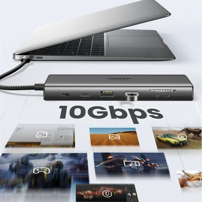 Hub USB-C UGREEN CM639 (45520), 2 x USB-A 3.2 - 3 x USB-C - 1 x HDMI - 1 x VGA - 1 x Džek 3.5mm - 1 x RJ45 - 1 x SD - 1 x microSD, Sivi