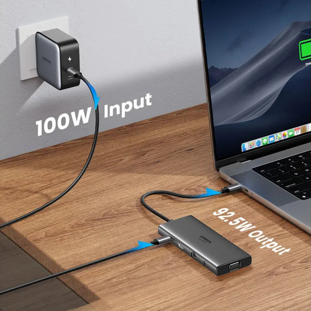 Hub USB-C UGREEN CM639 (45520), 2 x USB-A 3.2 - 3 x USB-C - 1 x HDMI - 1 x VGA - 1 x Džek 3.5mm - 1 x RJ45 - 1 x SD - 1 x microSD, Sivi