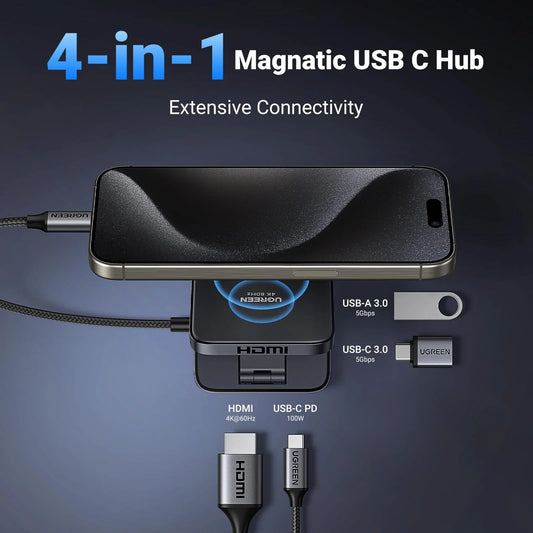 Hub USB-C UGREEN CM801, 1 x USB-A 3.0 - 2 x USB-C - 1 x HDMI, Sivi